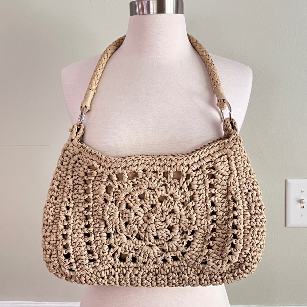 Emma Rose Crochet Straw Summer Handbag Bag Tan Medallion Boho Summer Tassel - Picture 12 of 16